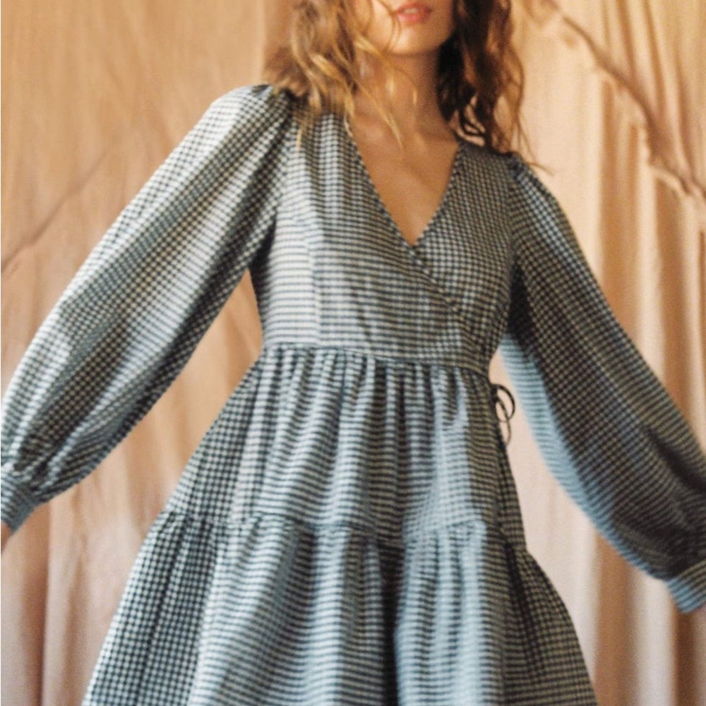 Christy Dawn Blue and White Gingham Long Sleeve Dress